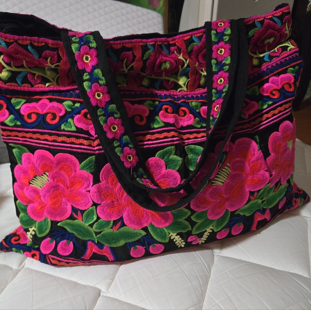 Floral Embroidered Tote Bag - Pink and Green
